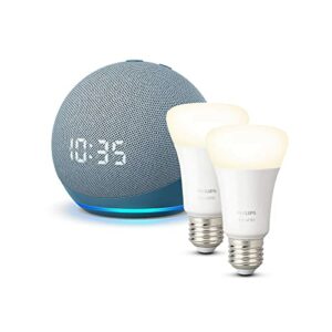 Echo Dot (4.ª generación) con reloj, Azul grisáceo + Philips Hue White Pack de 2 bombillas inteligentes, compatible con Alexa - Kit de inicio de Hogar digital