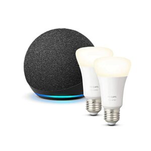Echo Dot (4.ª generación), Antracita + Philips Hue White Pack de 2 bombillas inteligentes, compatible con Alexa - Kit de inicio de Hogar digital