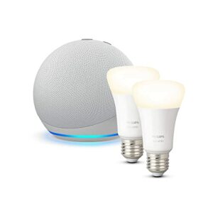Echo Dot (4.ª generación), Blanco + Philips Hue White Pack de 2 bombillas inteligentes, compatible con Alexa - Kit de inicio de Hogar digital