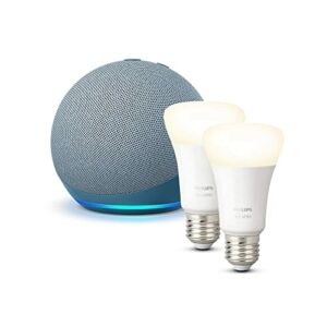 Echo Dot (4.ª generación), Azul grisáceo + Philips Hue White Pack de 2 bombillas inteligentes, compatible con Alexa - Kit de inicio de Hogar digital